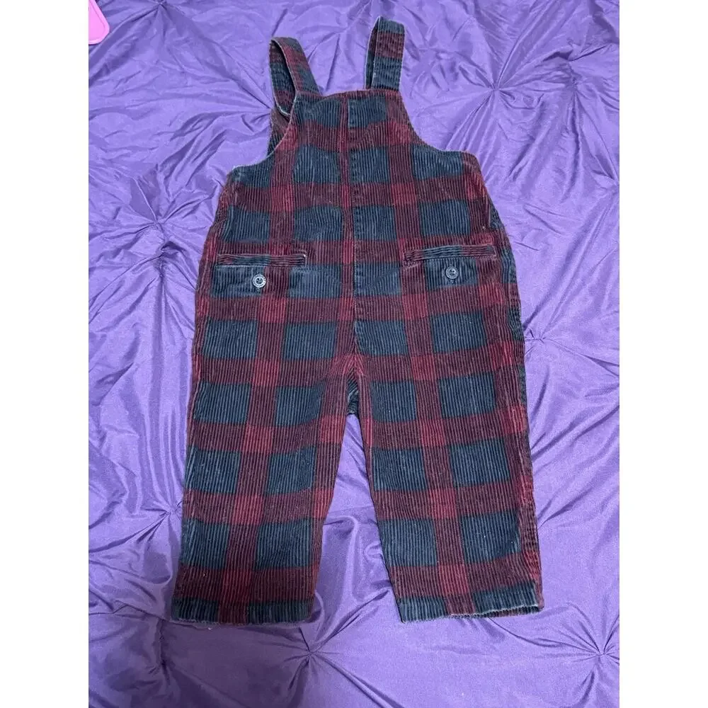 Vintage 90s GAP Baby Corduroy Buffalo Plaid Longalls Overalls 12–18 Mo Red Navy